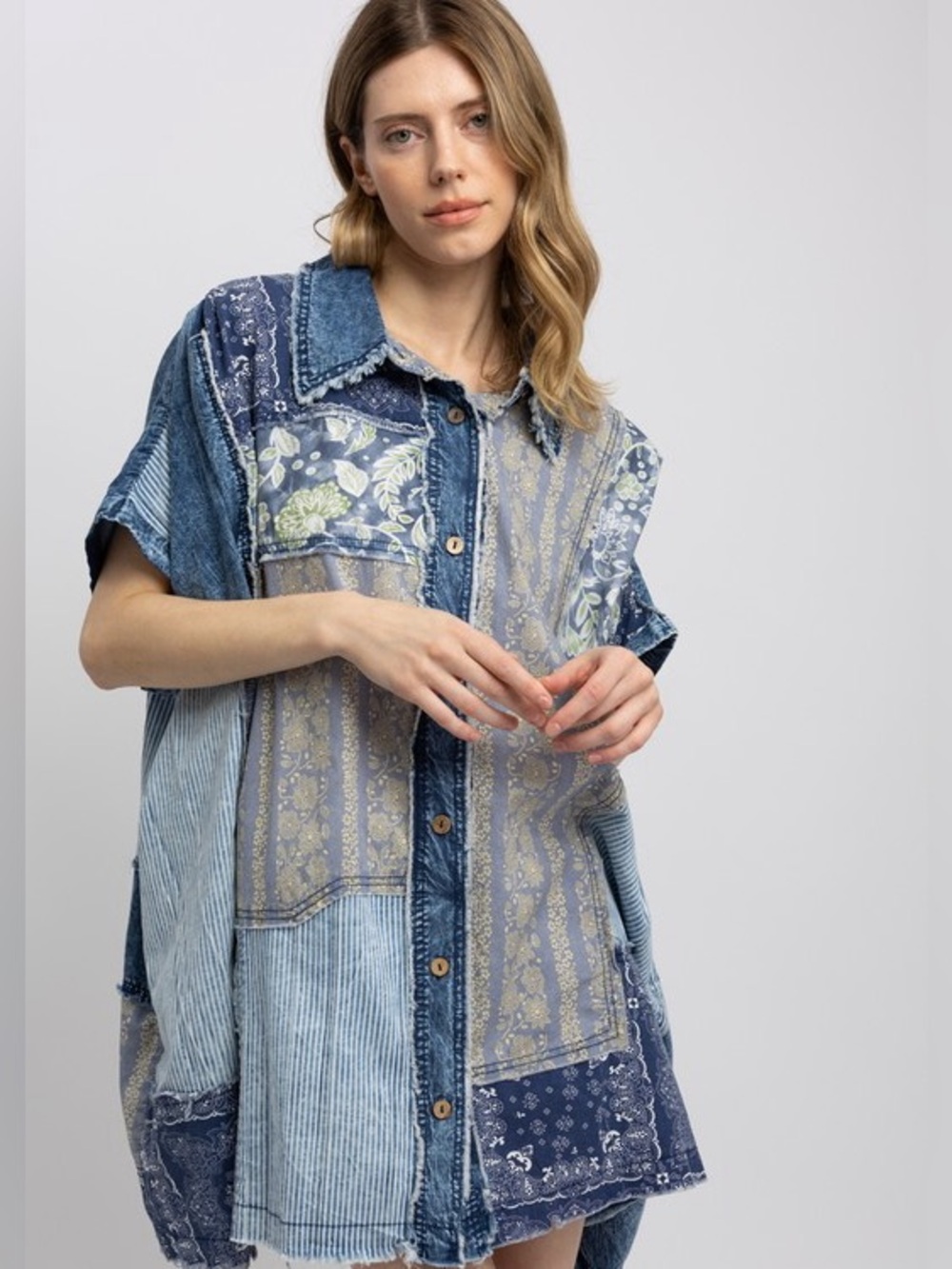 K1 New 🔥 Bluevelvet Patchwork Blue Floral-Print Tunic